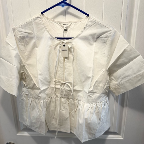 RW&CO. Tops - RW&CO White Peplum Blouse | Elbow Sleeve | Front Tie | NWT | Size L